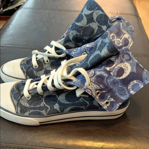 Coach Denim Logo High-Top Sneakers in Blue and White - Picture 7 of 10